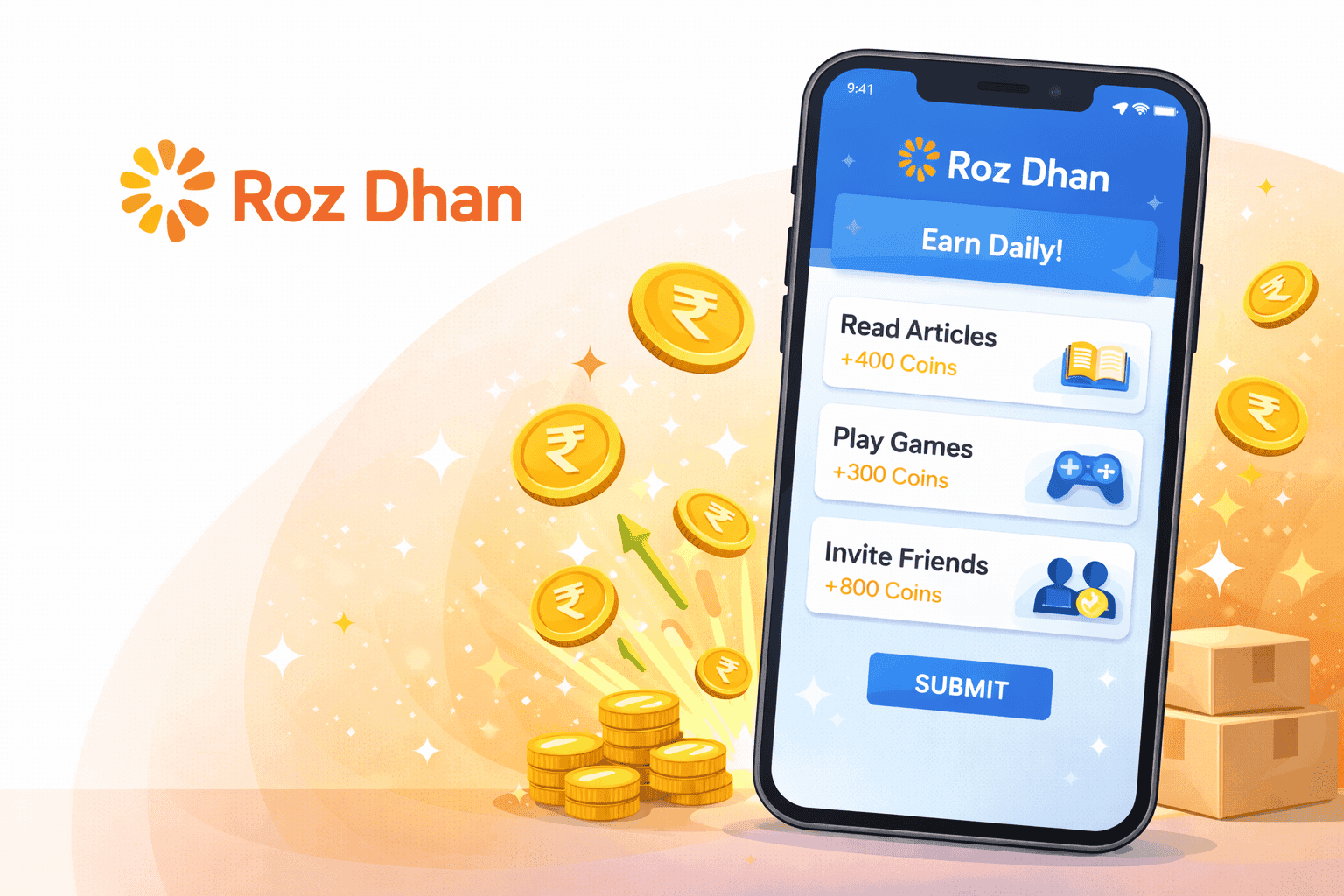 Cash rewards app interface with earning options and coin illustrations for SmartHindiHelp SEO.
