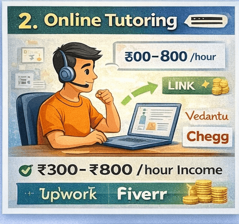 Online tutoring income offer in India, earning ₹300-₹800/hour through platforms like Chegg and Vedantu.