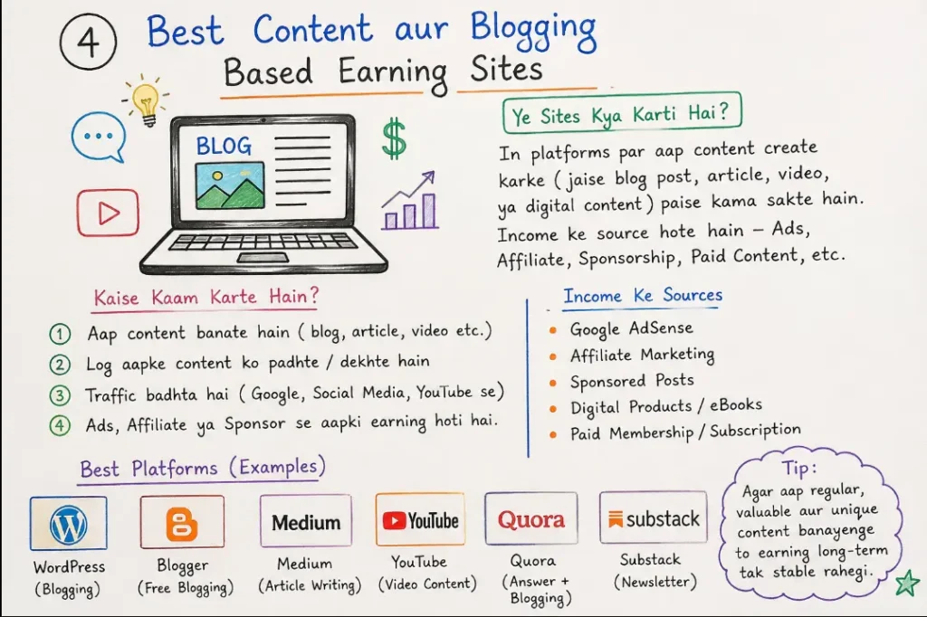 Handwritten infographic explaining the best content and blogging earning platforms including WordPress, Blogger, Medium, YouTube, Quora, and Substack with monetization methods like AdSense, affiliate marketing, sponsored posts, and digital products.