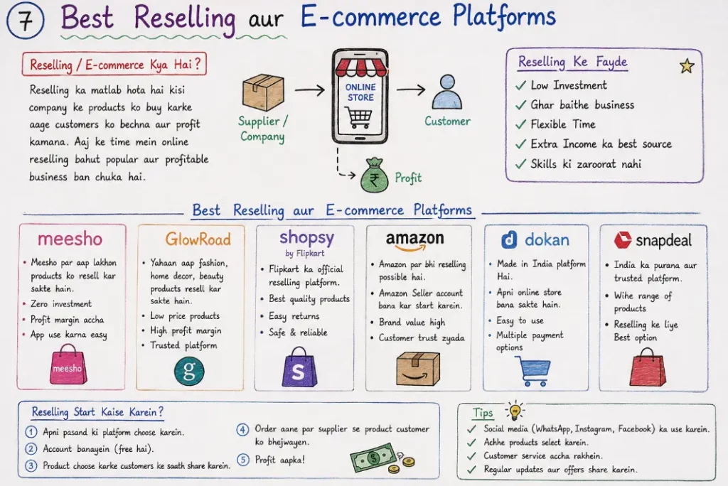 Handwritten infographic explaining the best reselling and e-commerce platforms such as Meesho, GlowRoad, Shopsy, Amazon, Dokan, and Snapdeal with business process, benefits, startup steps, and reselling tips.