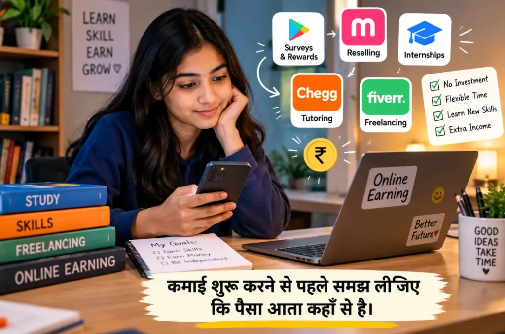 Student फ़ोन पर earning options के बारे में पढ़ते हुए