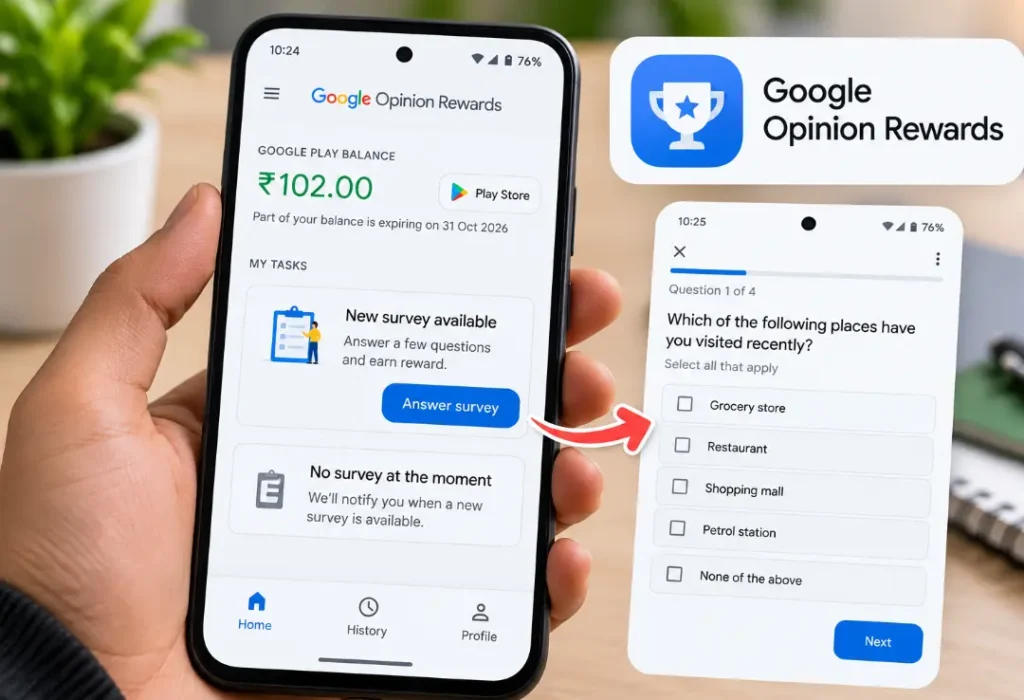 Google Opinion Rewards app की survey screen