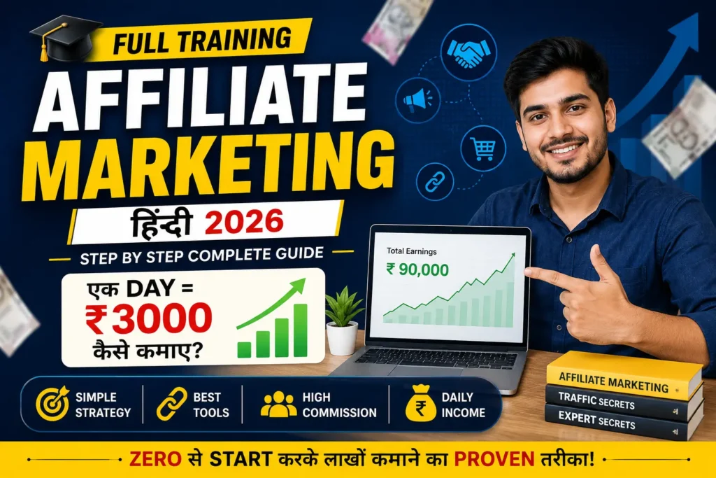 Affiliate Marketing Full Training Hindi 2026 guide showing step-by-step affiliate marketing process, online earning strategy, commission growth chart and daily income concept.
