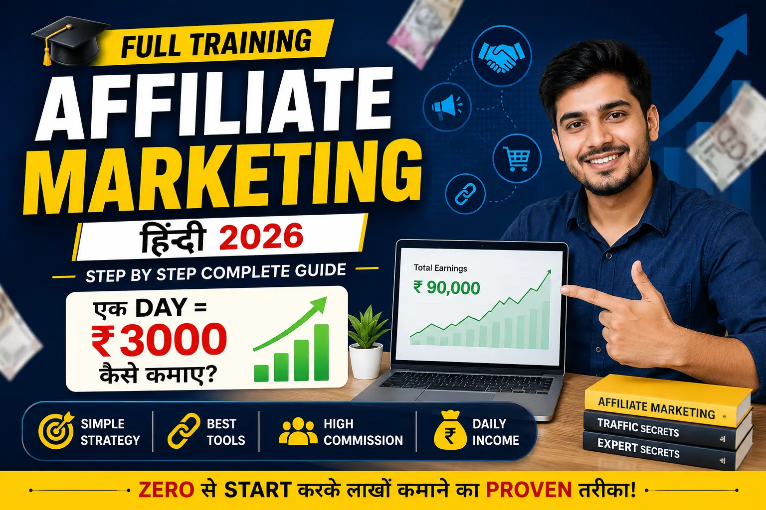 Affiliate Marketing Full Training Hindi 2026 guide showing step-by-step affiliate marketing process, online earning strategy, commission growth chart and daily income concept.