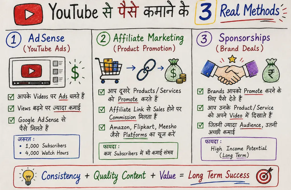 YouTube se paise kamane ke 3 real methods – AdSense, affiliate marketing aur sponsorship