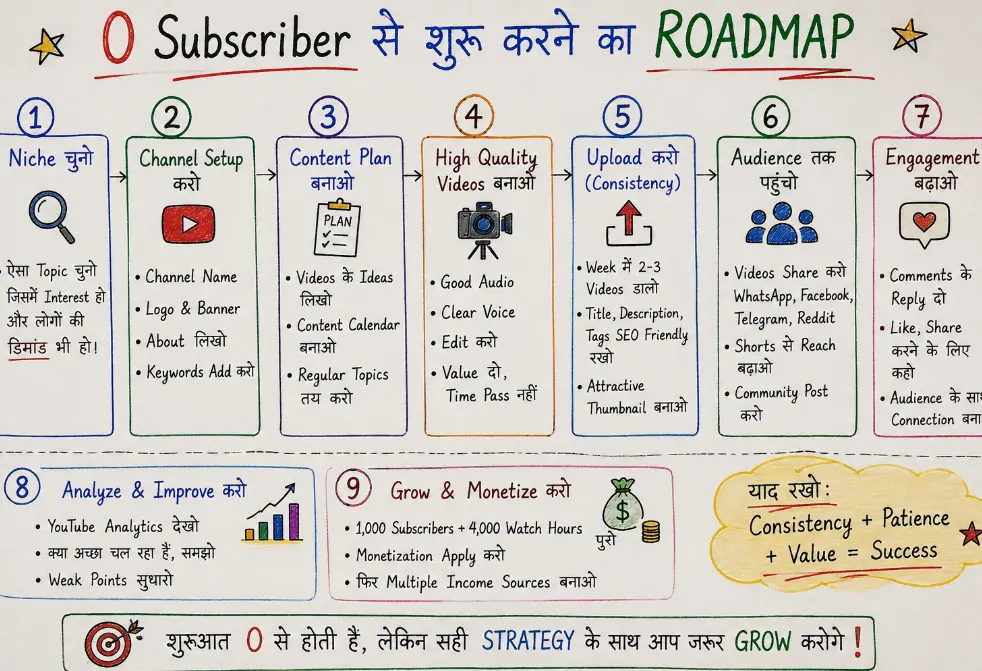 0 subscriber se YouTube channel start karne ka roadmap – niche, content, consistency aur monetization