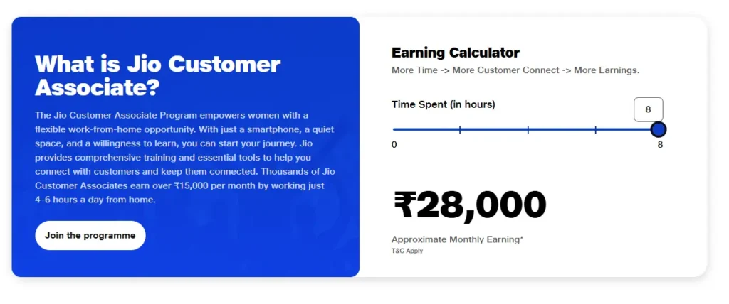 Reliance Jio Customer Associate work from home earning calculator