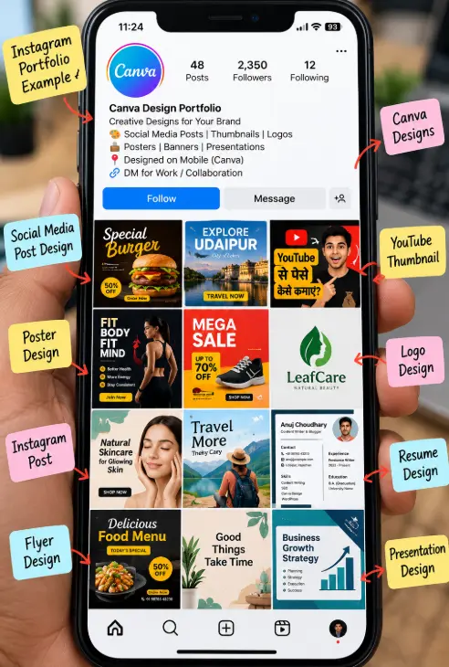 Canva designs ka portfolio, mobile par Instagram grid ke roop mein