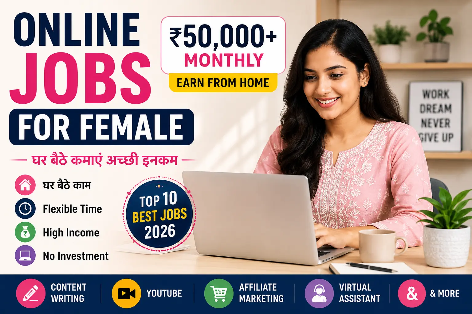 Laptop par online work karti hui female with work from home jobs banner and earning ideas