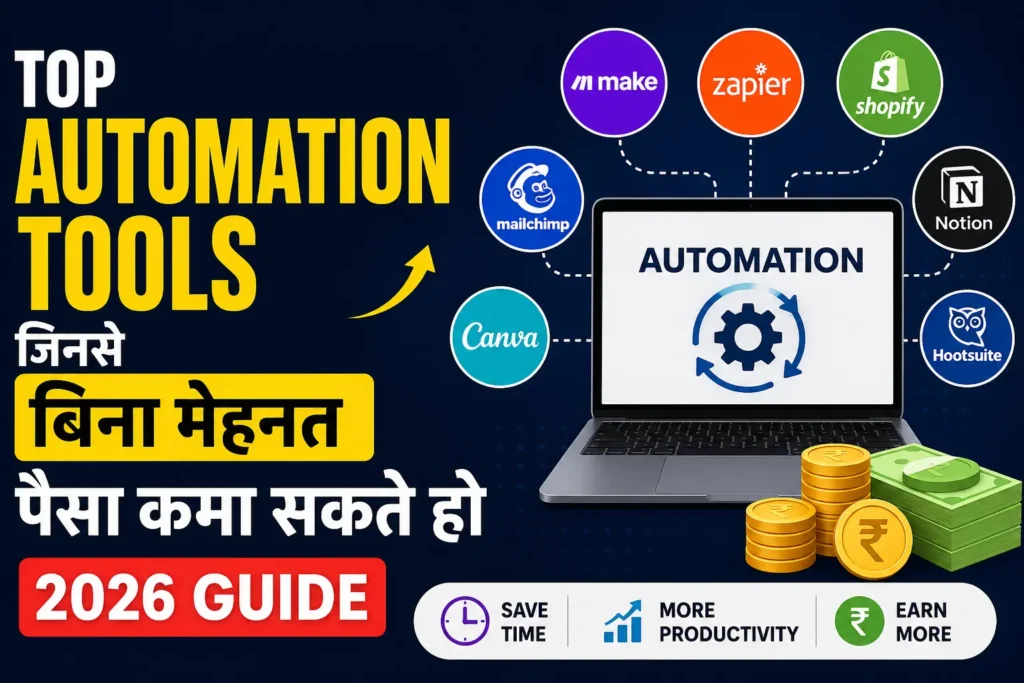 Top automation tools 2026 image showing Zapier, Shopify, Mailchimp and Canva tools for earning money online without hard work
