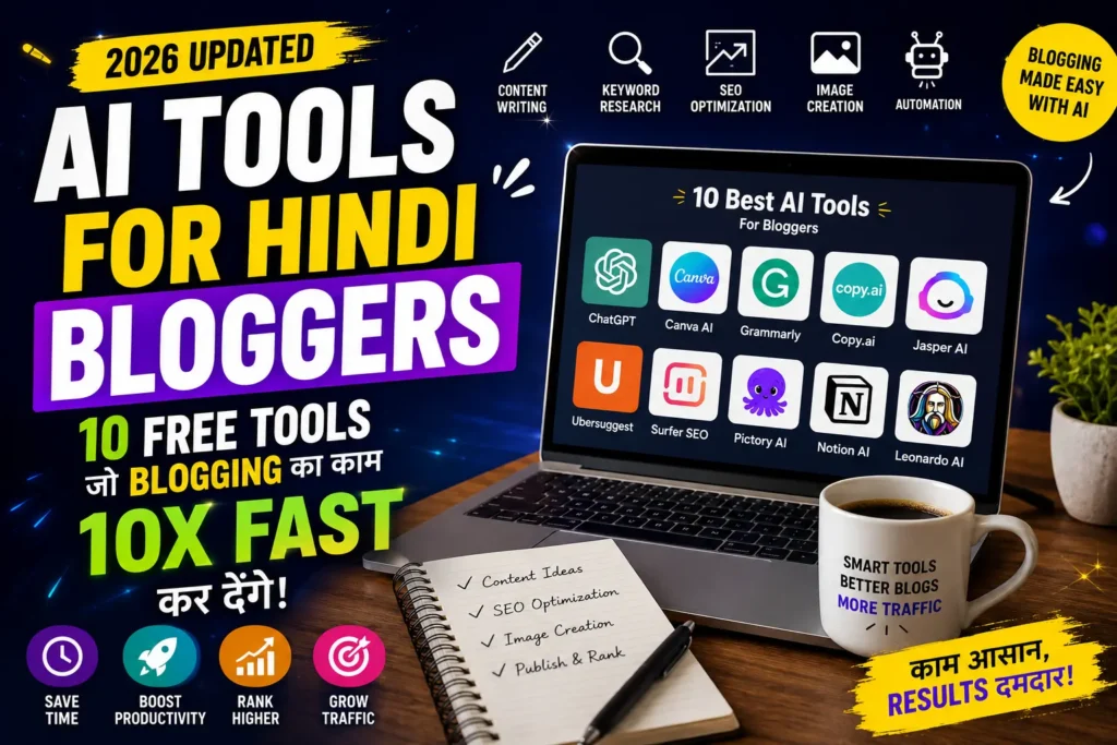 Laptop screen par top AI tools for Hindi bloggers dikh rahe hain jo content writing, SEO aur blogging automation ke liye use hote hain.