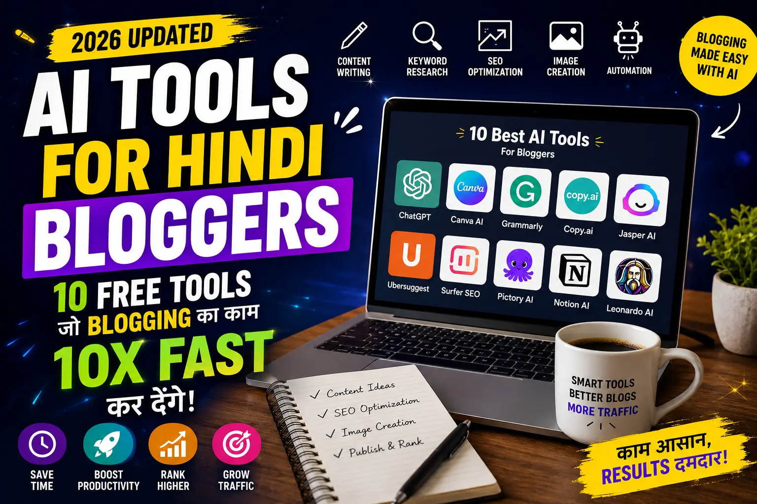 Laptop screen par top AI tools for Hindi bloggers dikh rahe hain jo content writing, SEO aur blogging automation ke liye use hote hain.