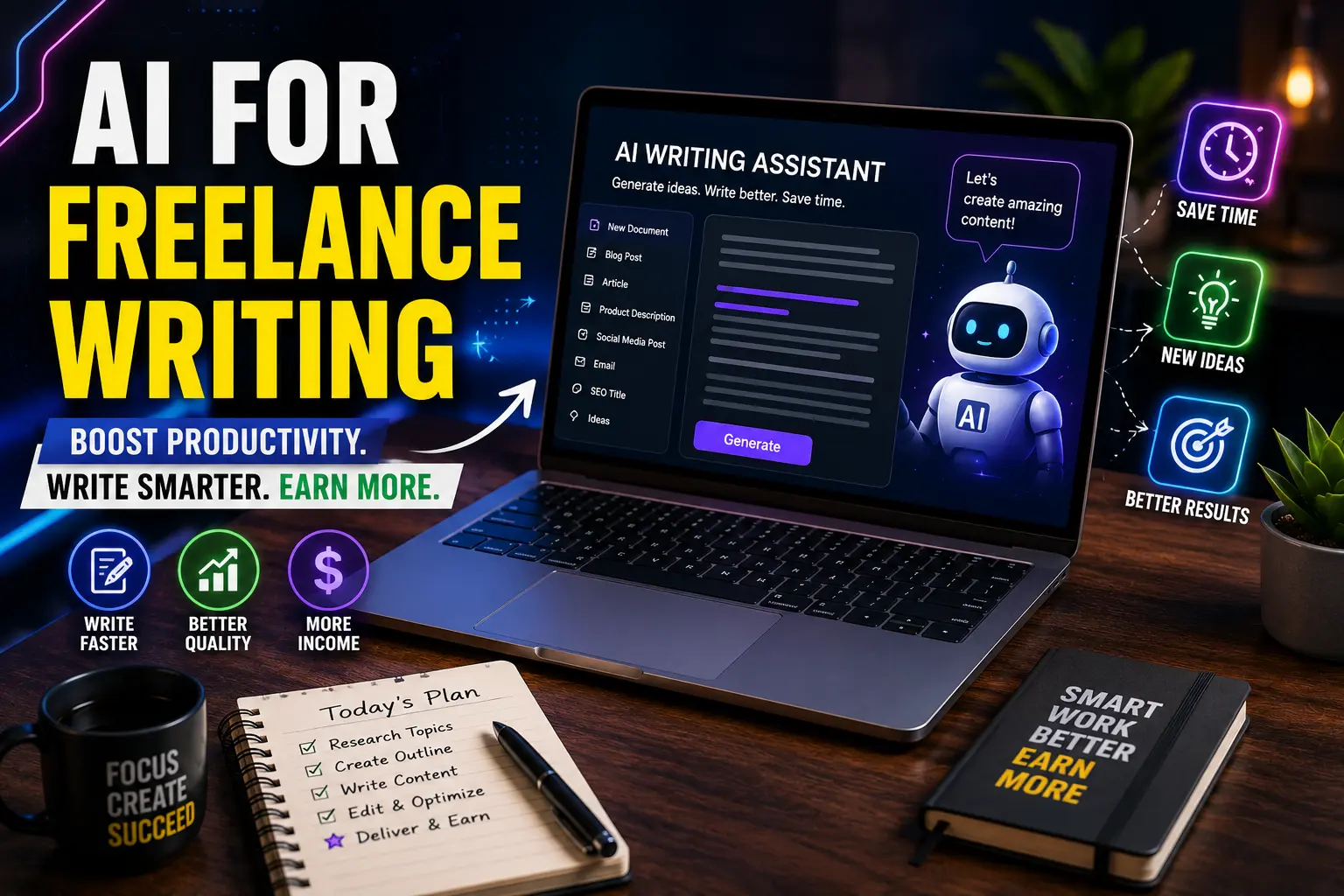 Laptop screen showing AI writing assistant dashboard for freelance writing and online earning setup
