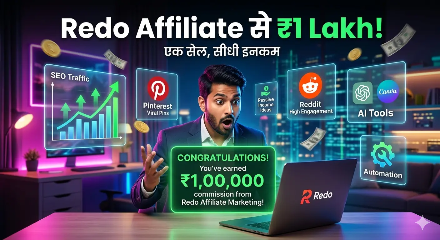Laptop par Redo Affiliate Marketing dashboard dekhte hue online earning aur high ticket affiliate income concept