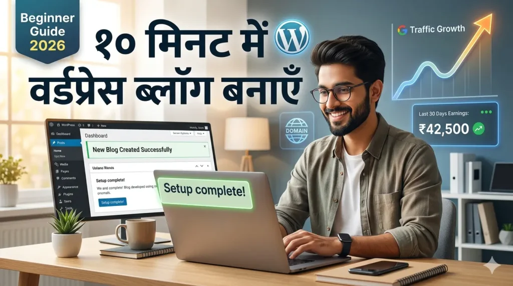 WordPress dashboard ke sath laptop par blog setup karte hue beginner blogger