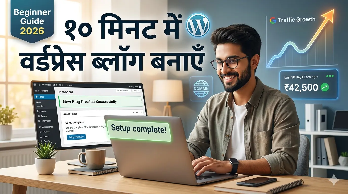 WordPress dashboard ke sath laptop par blog setup karte hue beginner blogger