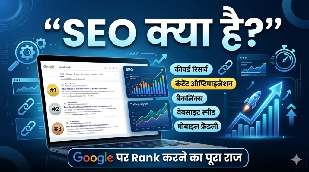 एक लैपटॉप स्क्रीन पर Google सर्च रिजल्ट्स, SEO ग्राफ और 'SEO क्या है?' टेक्स्ट के साथ एक आधुनिक डिजिटल मार्केटिंग फीचर्ड इमेज।