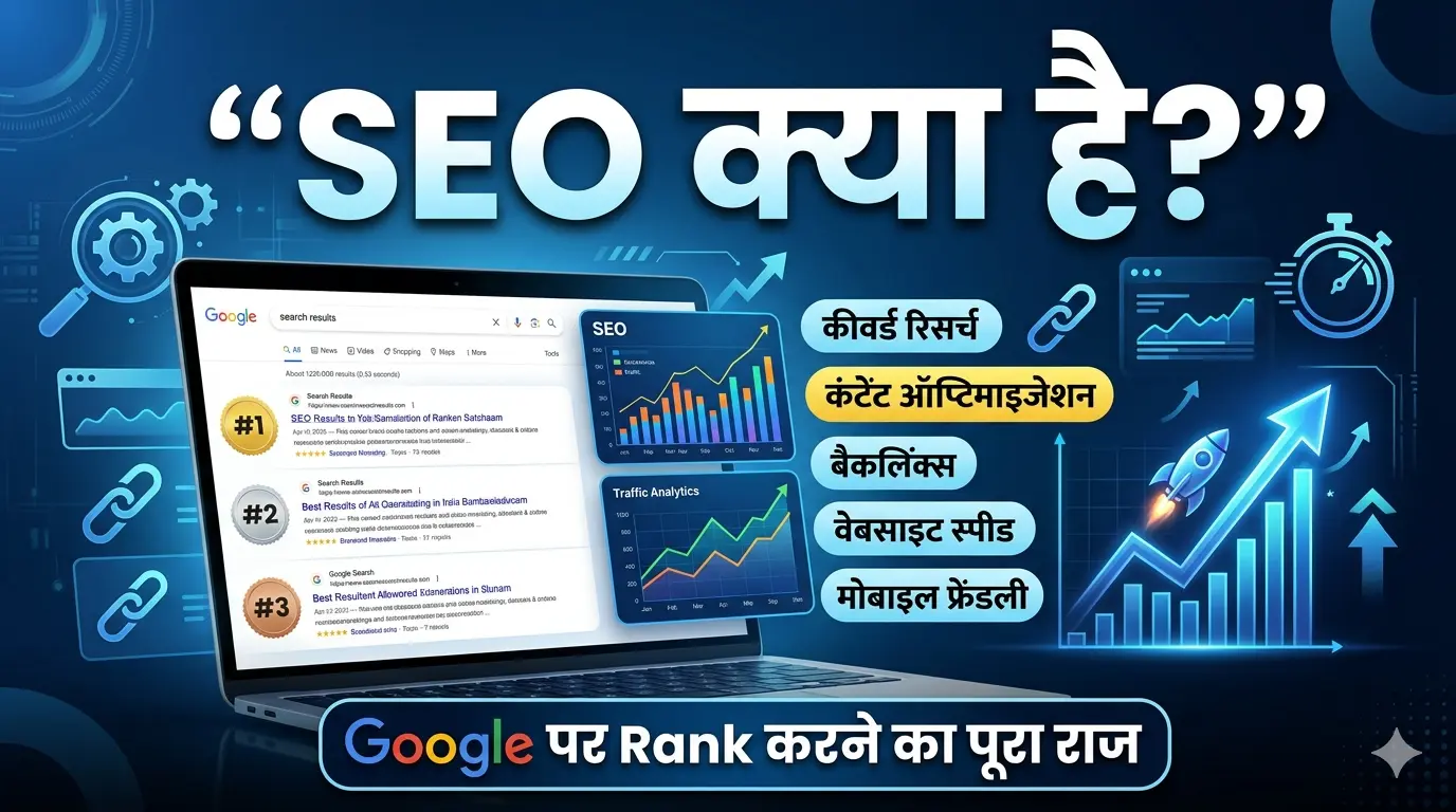 एक लैपटॉप स्क्रीन पर Google सर्च रिजल्ट्स, SEO ग्राफ और 'SEO क्या है?' टेक्स्ट के साथ एक आधुनिक डिजिटल मार्केटिंग फीचर्ड इमेज।