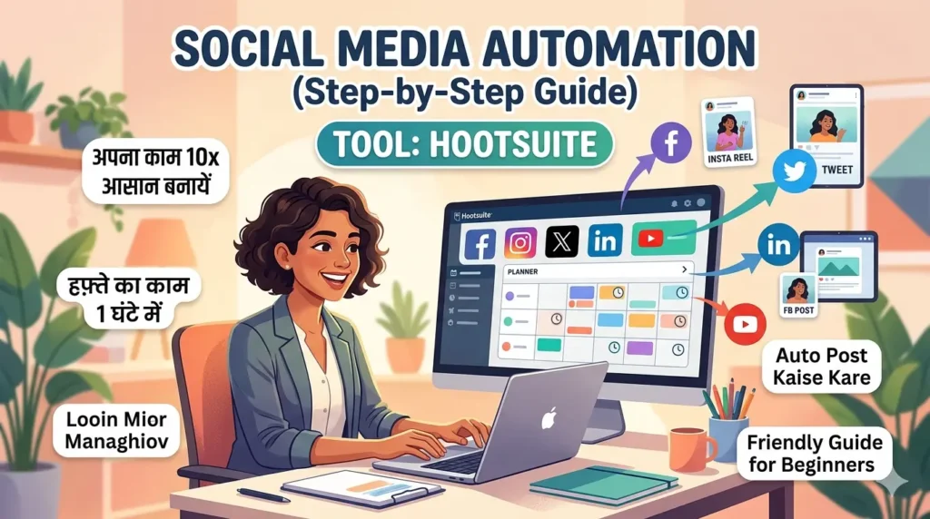 Step-by-step guide on Social Media Automation using Hootsuite for beginners, showing auto post features and dashboard.