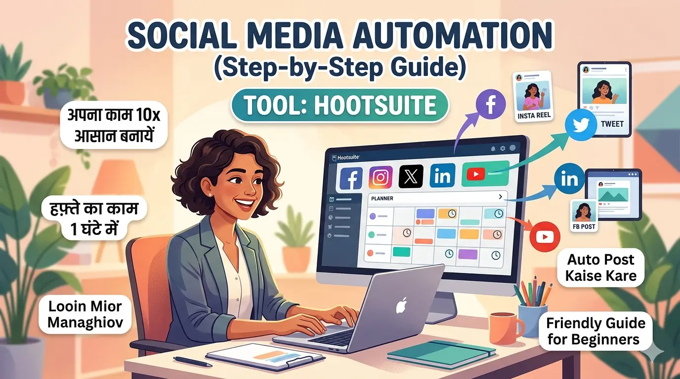 Step-by-step guide on Social Media Automation using Hootsuite for beginners, showing auto post features and dashboard.