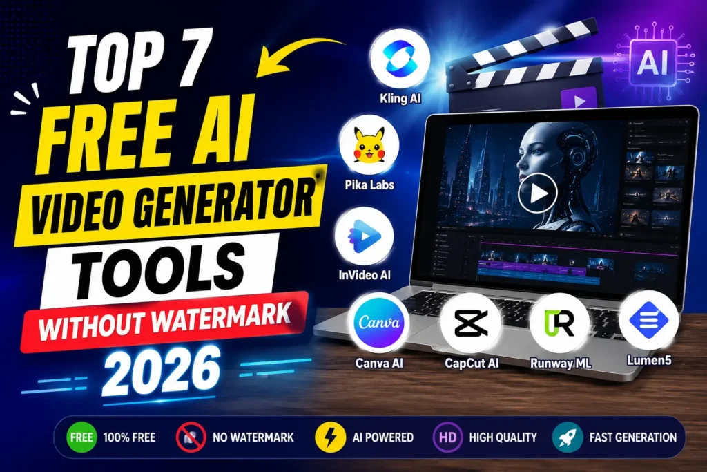 Laptop screen par AI video editing dashboard dikh raha hai jisme top free AI video generator tools without watermark 2026 featured hain.