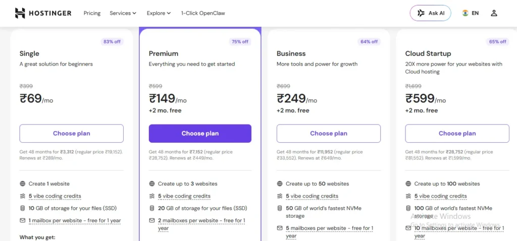 WordPress blog ke liye hosting plan select karte hue user ka dashboard