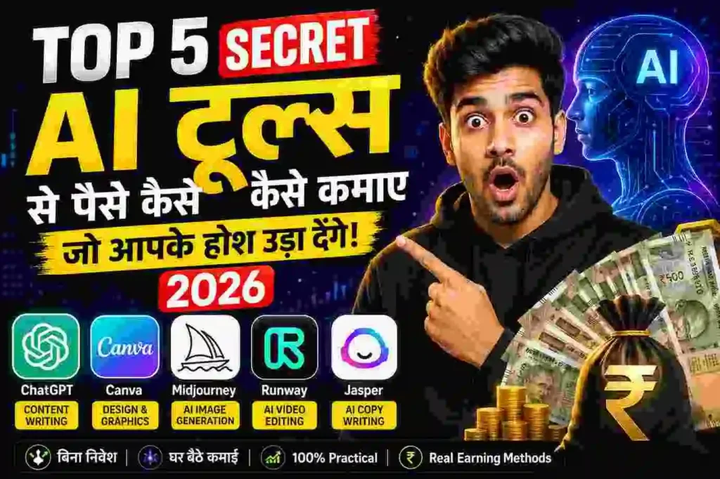 Top 5 Secret AI Tools 2026 से ऑनलाइन पैसे कमाने की जानकारी दिखाता हुआ प्रोफेशनल हिंदी फीचर इमेज जिसमें AI टूल्स, पैसे और डिजिटल मार्केटिंग एलिमेंट्स दिखाए गए हैं।