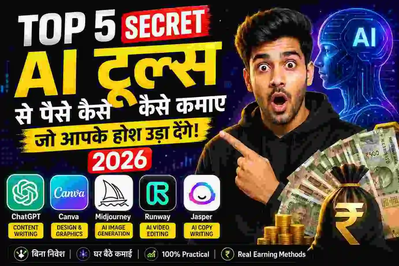 Top 5 Secret AI Tools 2026 से ऑनलाइन पैसे कमाने की जानकारी दिखाता हुआ प्रोफेशनल हिंदी फीचर इमेज जिसमें AI टूल्स, पैसे और डिजिटल मार्केटिंग एलिमेंट्स दिखाए गए हैं।
