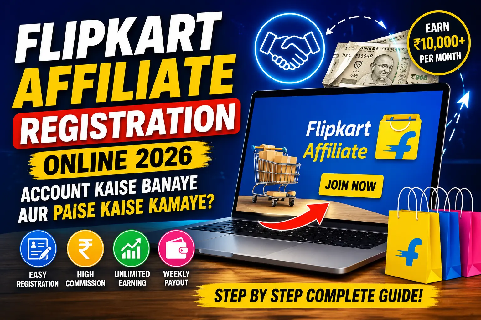 Laptop screen showing Flipkart Affiliate Program with shopping bags, commission earnings, registration process and online money-making opportunities in India.