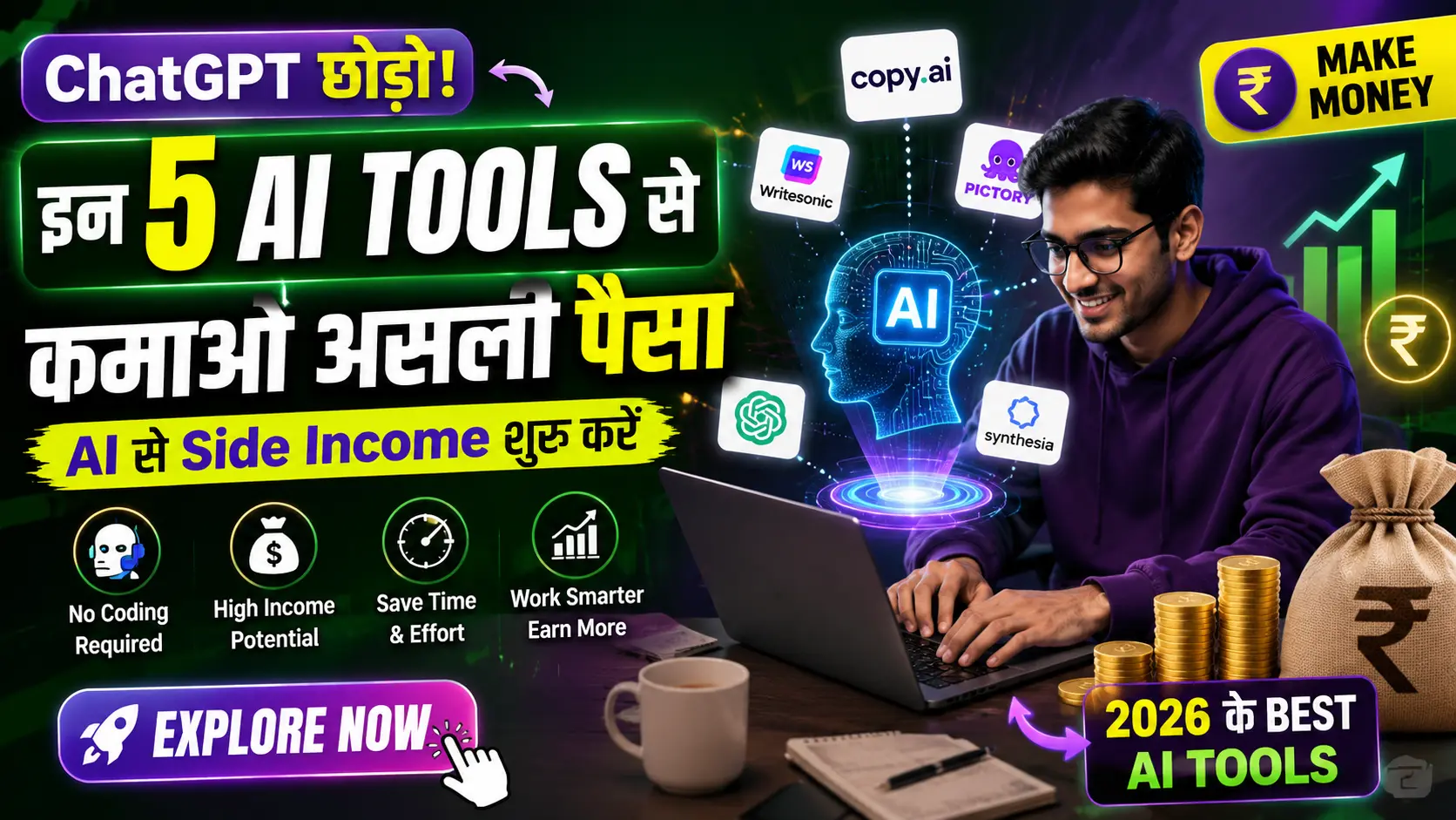 Top 5 AI Tools to Make Money Online in 2026 featuring AI apps, money icons, and online earning concepts for beginners in India.