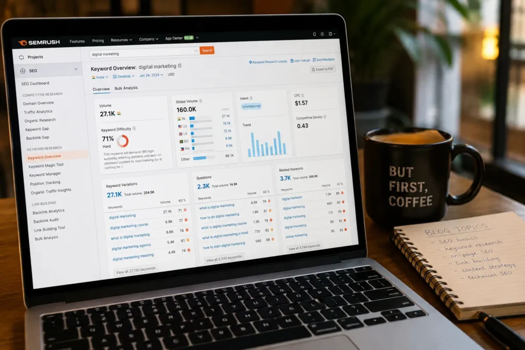 लैपटॉप स्क्रीन पर SEO keyword research tools, नोटबुक और कॉफी मग के साथ ब्लॉगिंग keyword research workspace