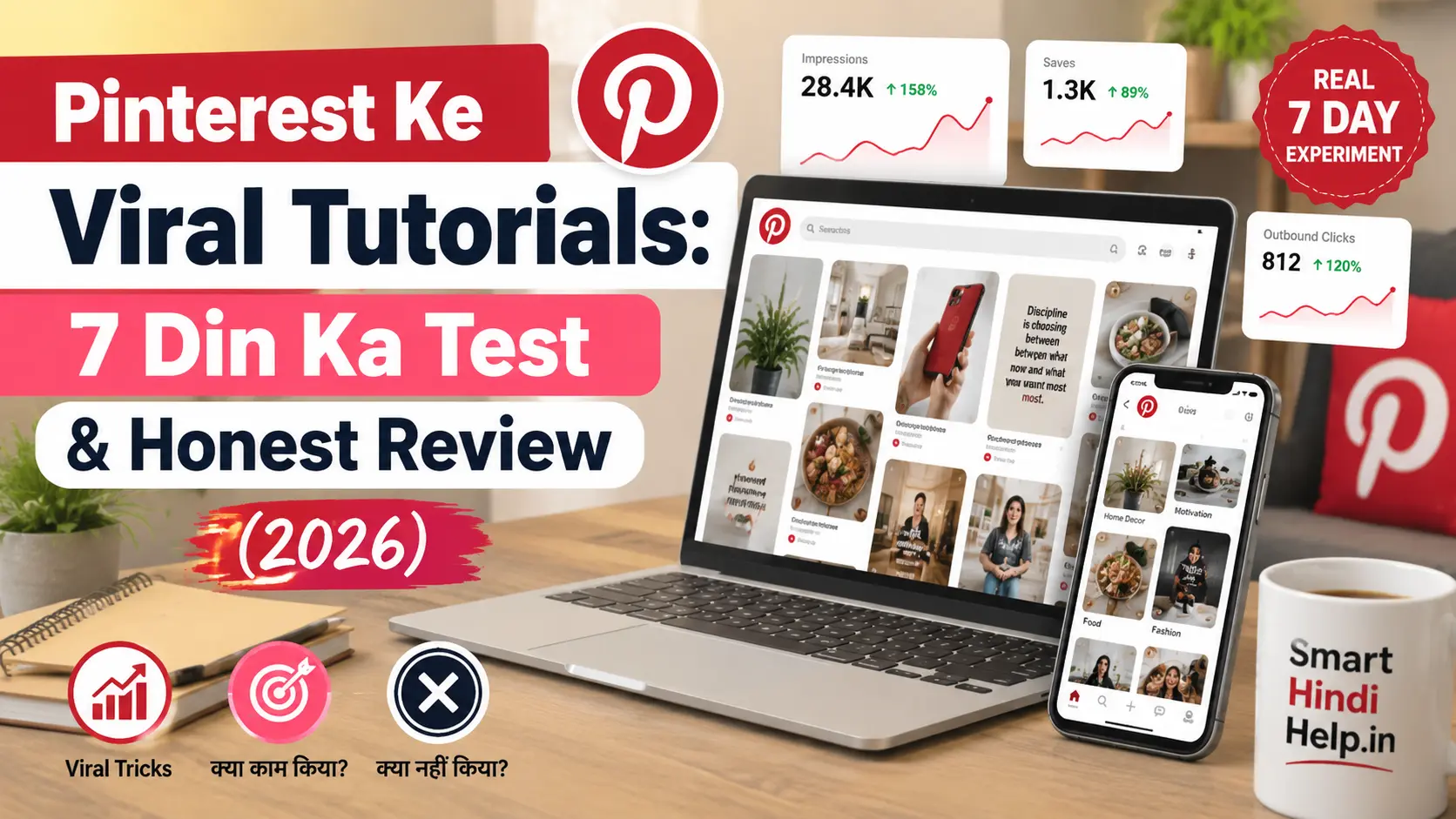 Pinterest Ke Viral Tutorials का 7 दिन का टेस्ट और Honest Review, जिसमें Pinterest Growth, Viral Pin Strategy और Real Results दिखाए गए हैं।
