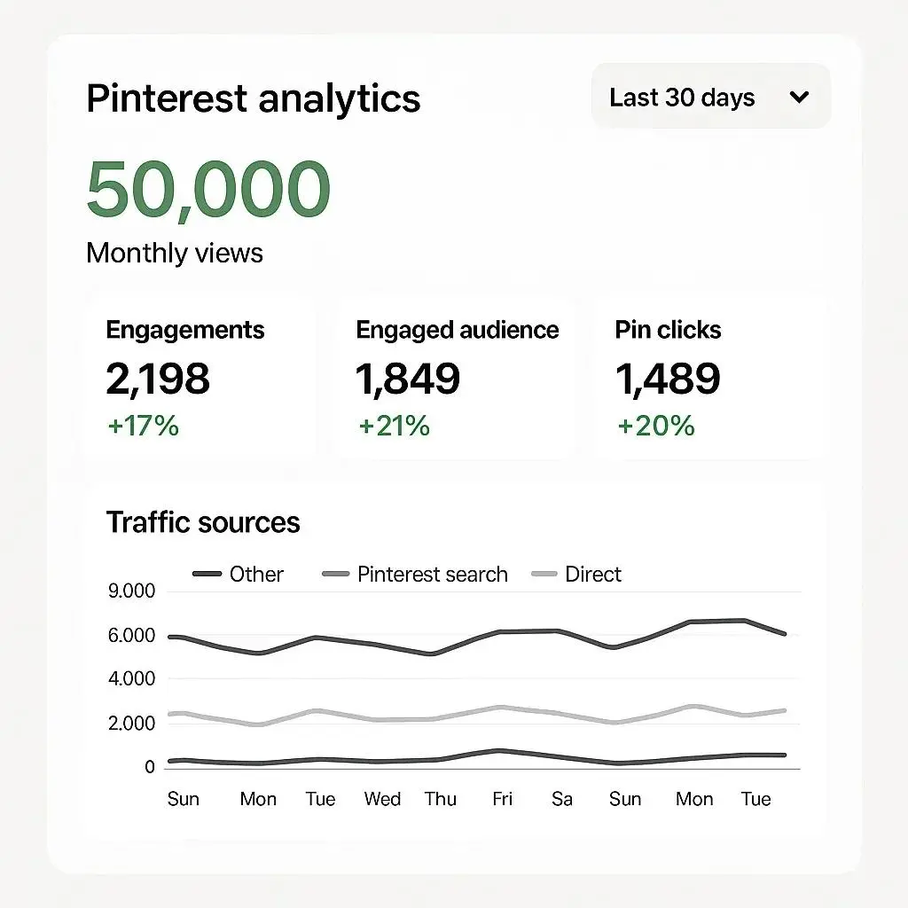 Pinterest Analytics dashboard showing impressions and monthly views after 30 days
