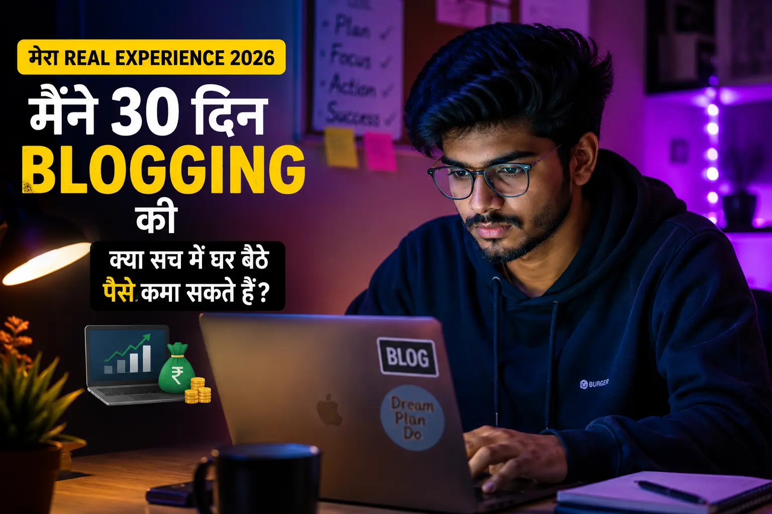 22 वर्षीय भारतीय ब्लॉगर रात में लैपटॉप पर काम करते हुए, 30 दिन Blogging Challenge और Real Blogging Experience 2026