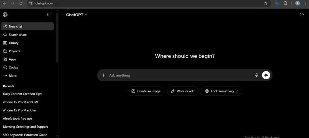 ChatGPT interface showing AI assistant features for blogging, SEO, content creation, and productivity in Hindi review
