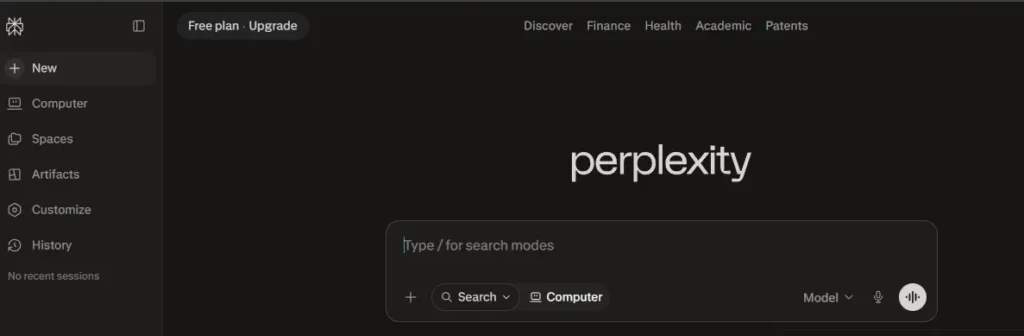 Perplexity AI interface showing AI-powered search, research, and real-time information features in Hindi review