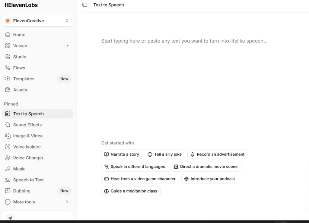 ElevenLabs AI voice generation tool interface used for creating realistic voiceovers, YouTube videos, podcasts and making money online in India.