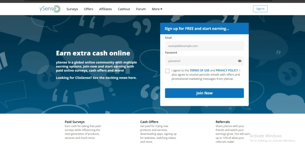 ySense online earning website helping students earn money through surveys and tasks