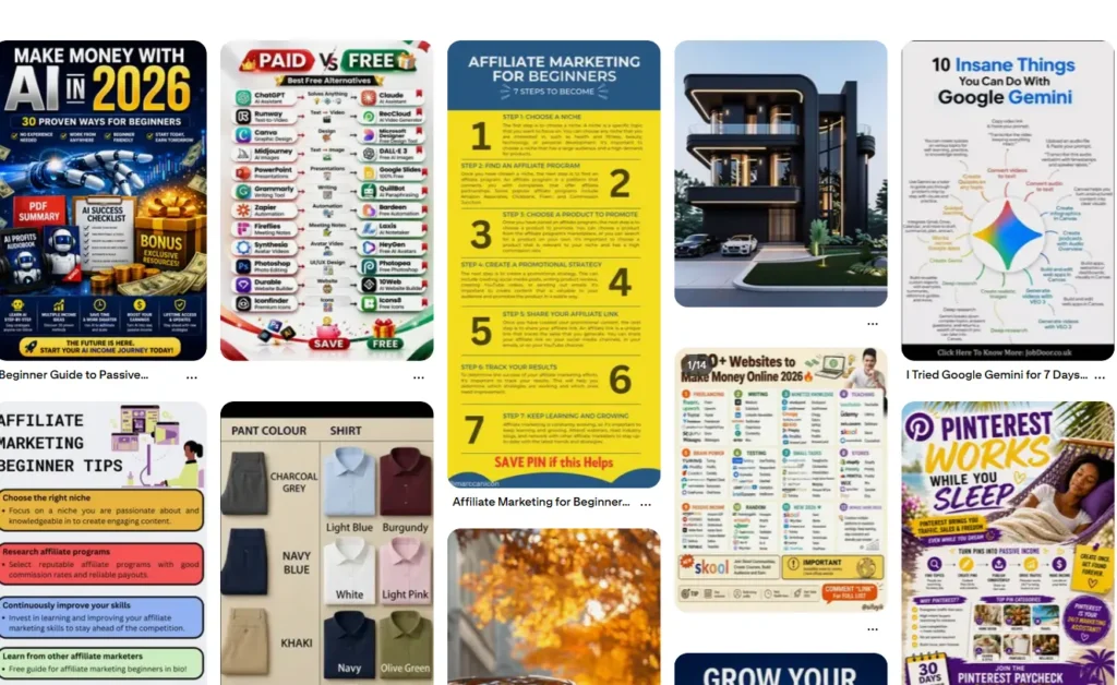 Pinterest home page for affiliate marketing beginners