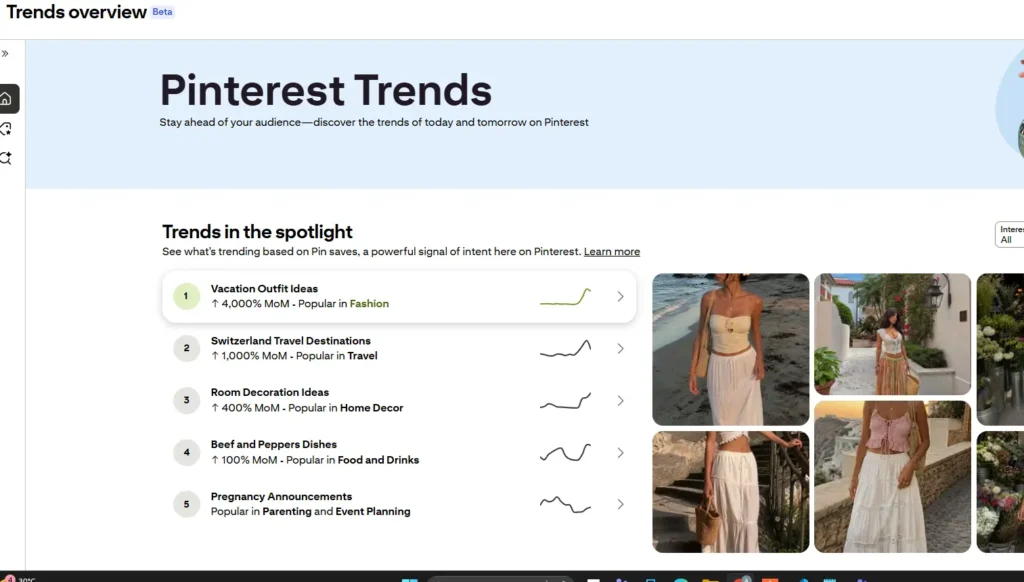 Pinterest Trends Dashboard में 2026 के Trending Search Keywords और Pinterest Search Trends का Screenshot।