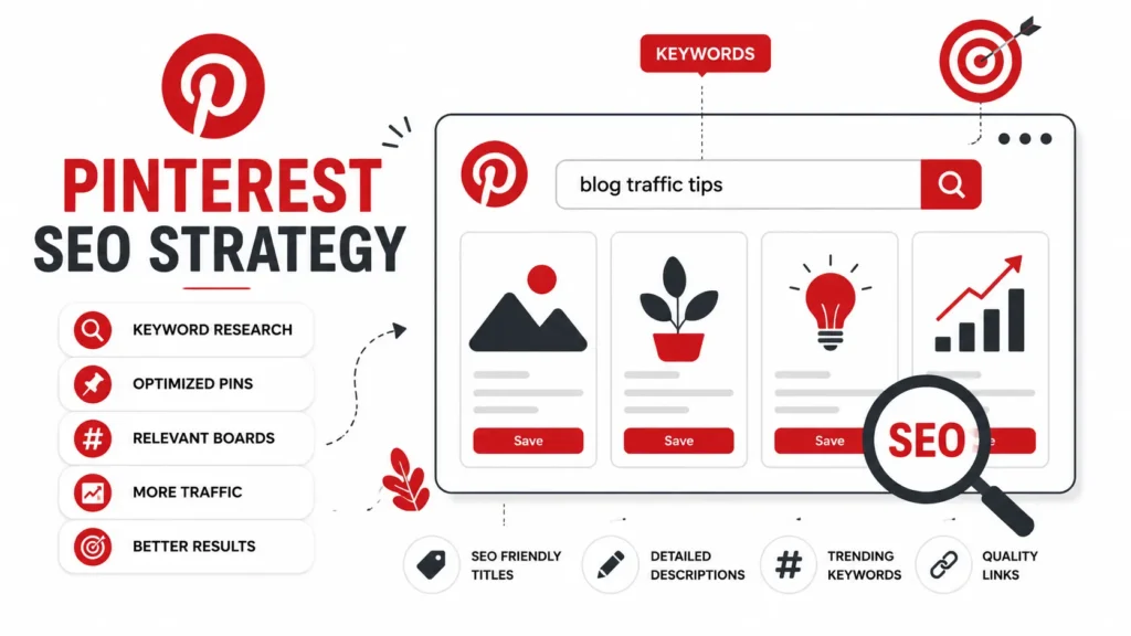 Pinterest SEO strategy with keyword research and optimized pins