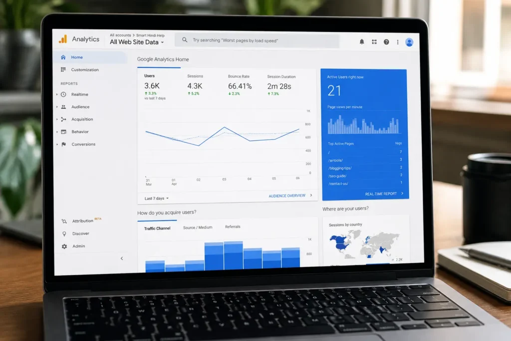 लैपटॉप स्क्रीन पर Google Analytics traffic chart और website performance report दिखाते हुए modern workspace