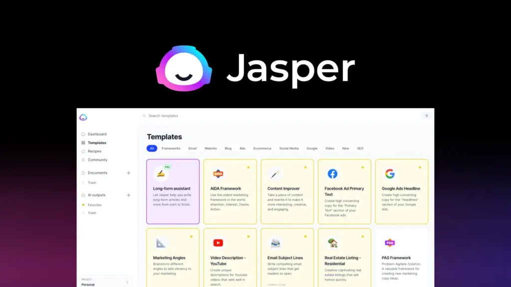 Jasper AI content editor dashboard showing a long-form blog post outline and brand voice settings.