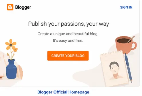 Google Blogger official homepage where users can create a free blog