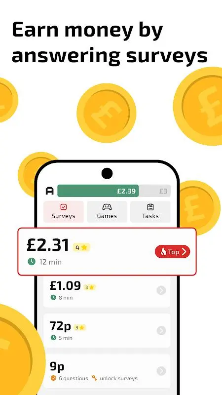 AttaPoll survey interface with available paid surveys