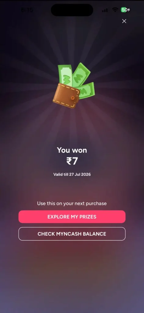Myntra Daily MynCash scratch card reward feature