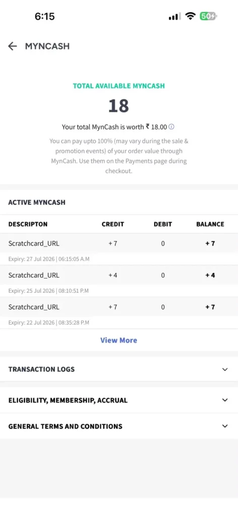 My MynCash balance screenshot showing earned MynCash rewards in Myntra app
