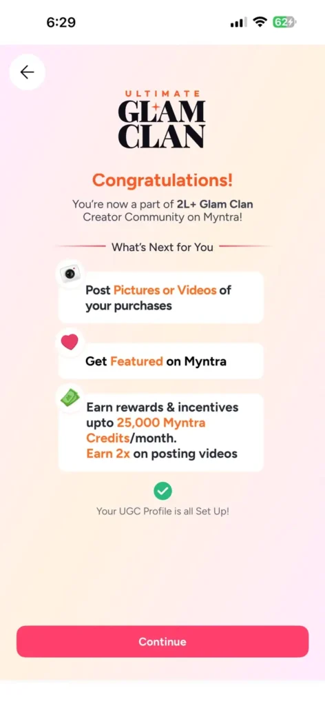 Myntra Ultimate Glam Clan successfully joined confirmation screen