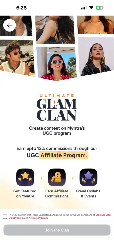 Myntra Ultimate Glam Clan creator program join screen