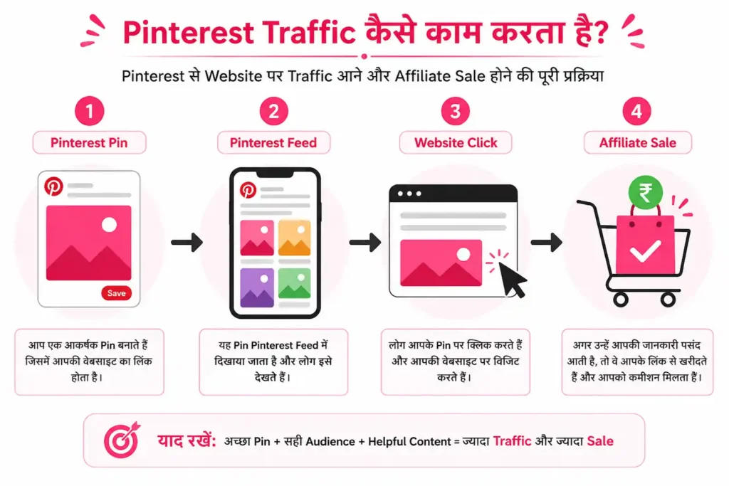Pinterest traffic process infographic showing how pins generate website visitors and affiliate sales